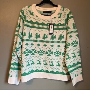 NWT Vero Moda Sz Large Women’s Green White Christmas Winter Sweater Top Ret $30!